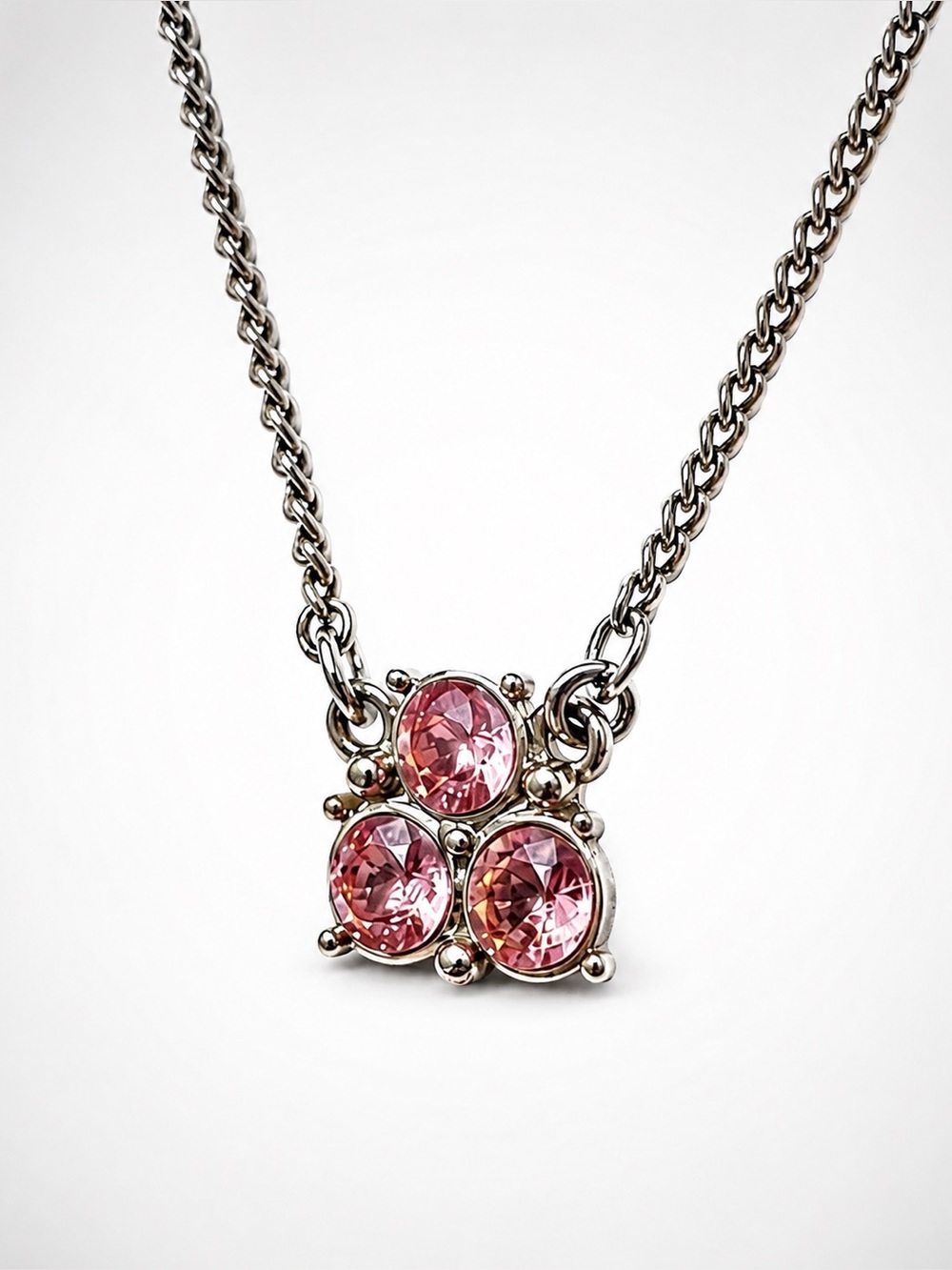 Signed Givenchy Pink Crystal Floral Pendant Necklace 19” Silver Tone Adjustable